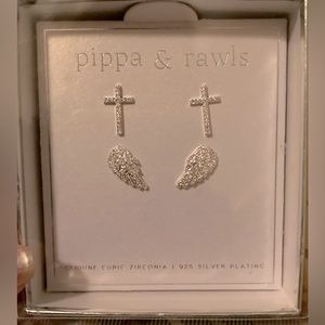 New! Set angel wings & cross earrings CZ earring set boxed fine silver plate 925